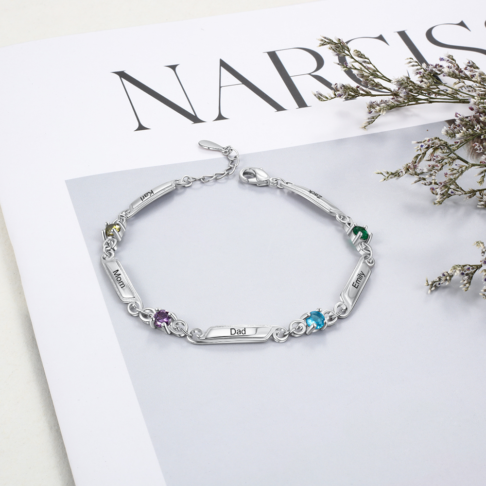 Personalised Bracelet With 4 Birthstones Engraved Names Bracelet Gift For Women-Jessemade AU