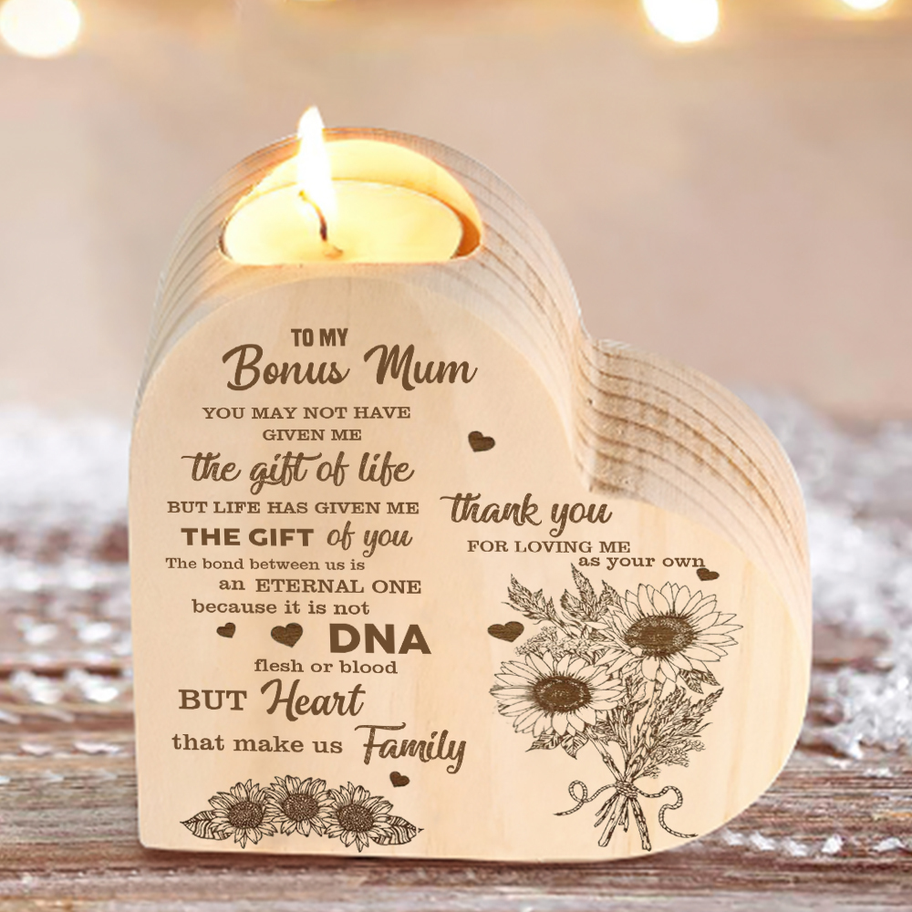 To My Mum - Wooden Heart Candle Holder Flower Candlesticks "Thank you for loving me as your own" Gifts For Mother-Jessemade AU