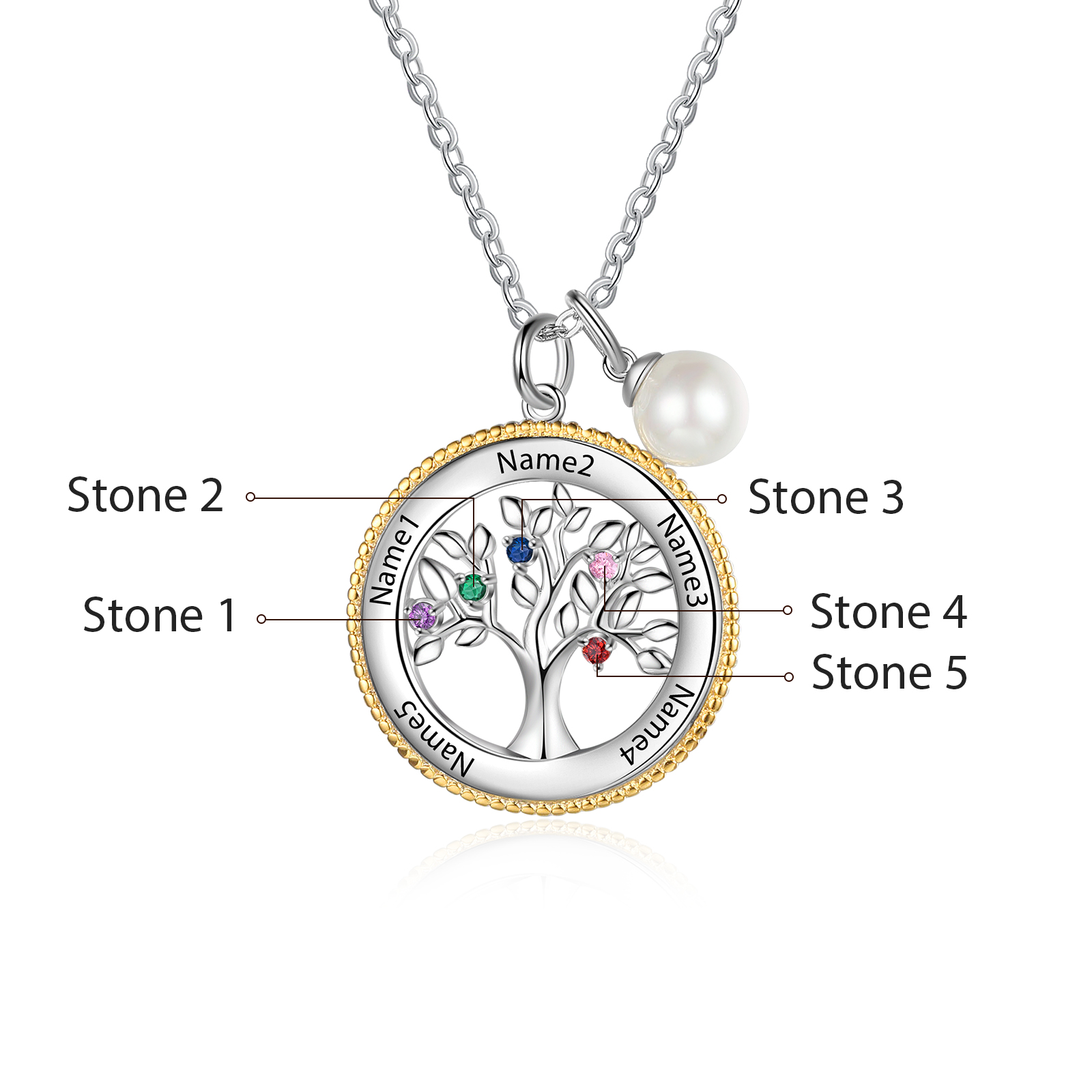 Personalised Family Tree Necklace With 5 Birthstones Engraved Names Necklace Gift For Women-Jessemade AU