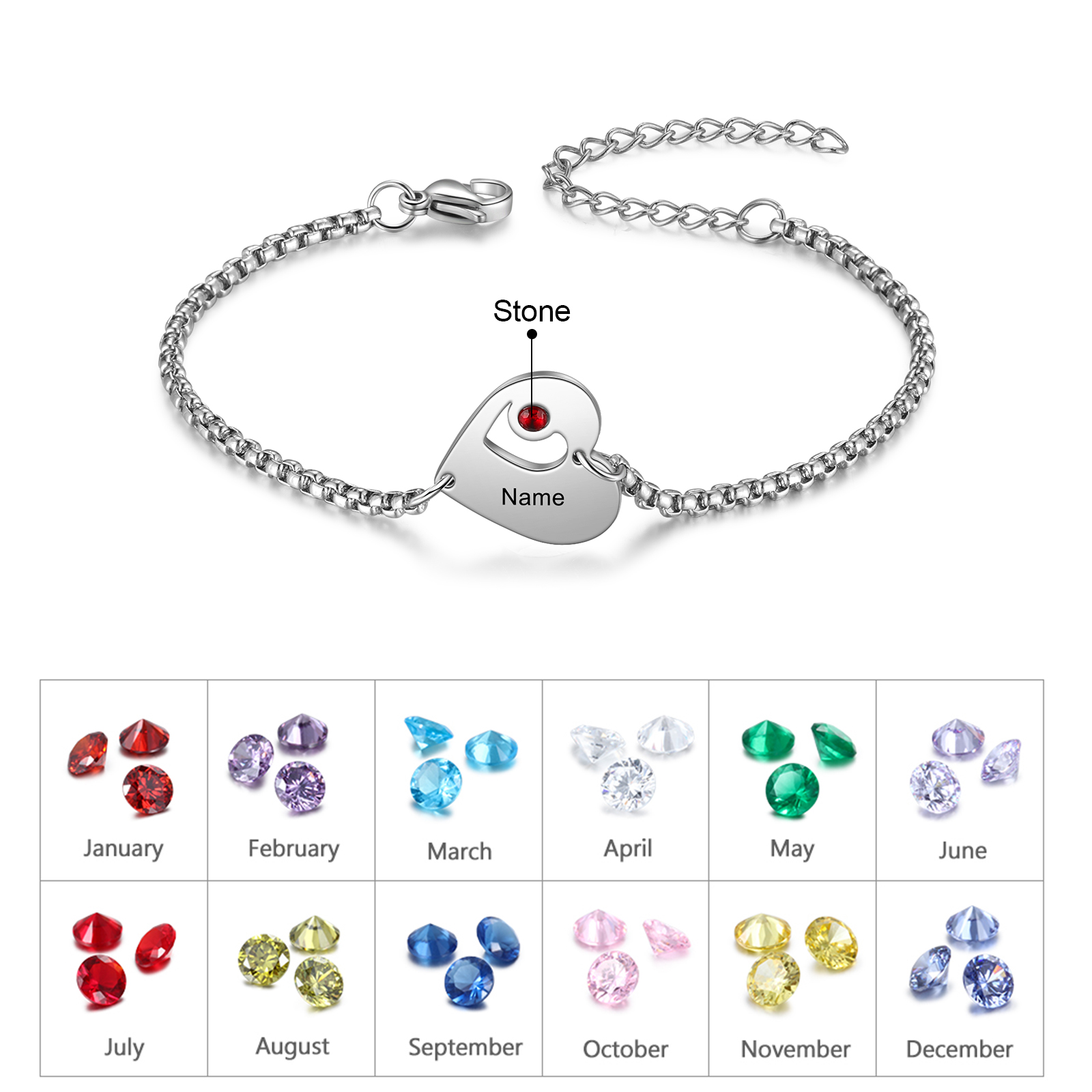 1 Name - Personalised Heart Bracelet Custom Name & Birthstone Family Bracelet Gifts for Her-Jessemade AU