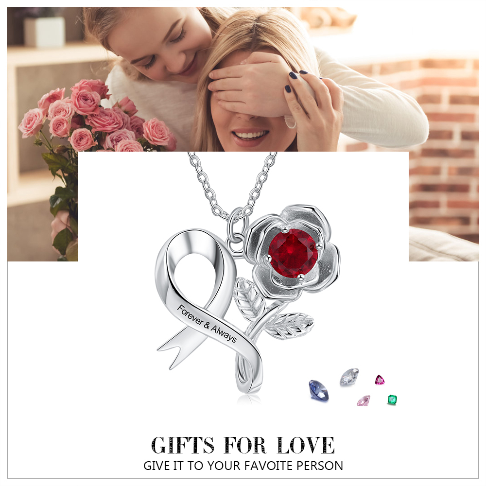 Personalised Rose Flower Necklace With 1 Birthstones Engraved Names Gift For Women-Jessemade AU