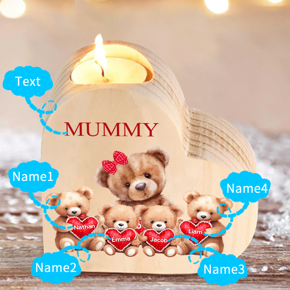 Personalised 4 Names & 1 Text Candle Holder Teddy Bear Wooden Candlestick Gifts for Grandma/Mother-Jessemade AU
