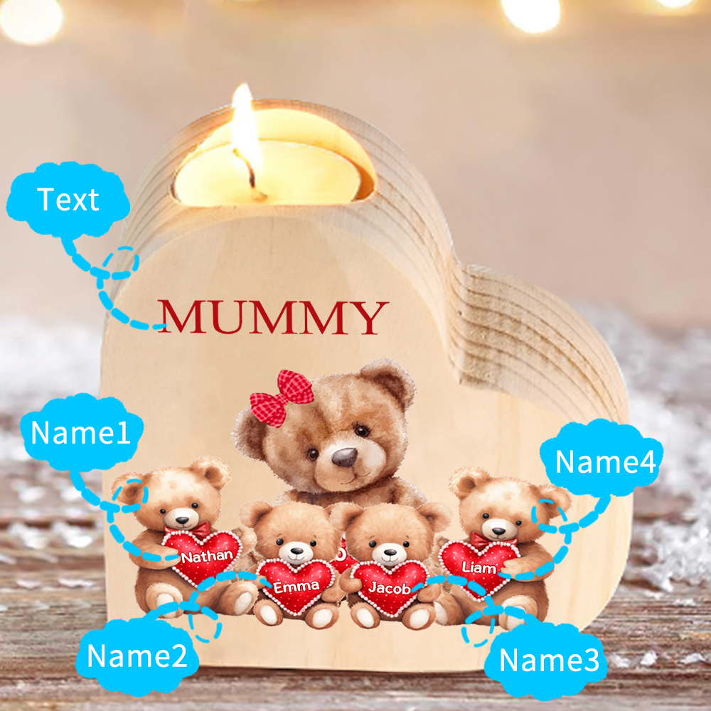 Personalised 4 Names & 1 Text Candle Holder Teddy Bear Wooden Candlestick Gifts for Grandma/Mother-Jessemade AU
