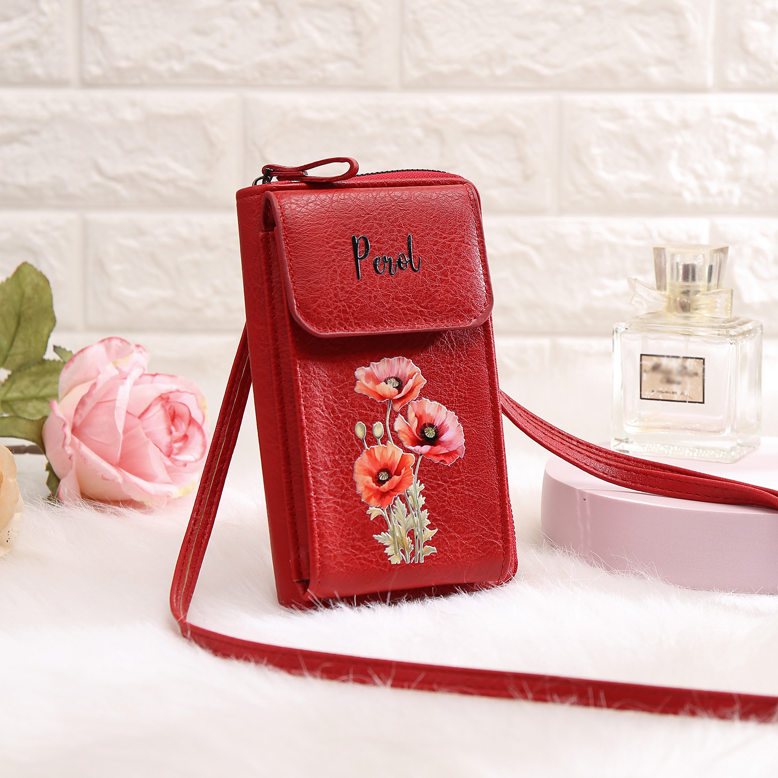 Personalised Women's Leather Wallet Custom Birthday Flower & Name Mobile Phone Wallet Zipper Crossbody Bag