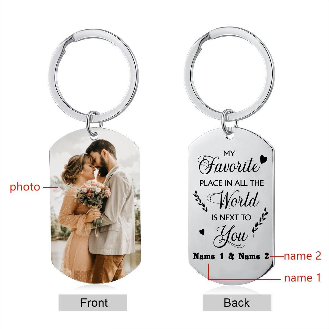 Couple Photo Keychain Customised 2 Names Keyring Valentine's Day Gifts - My Favourite Place in All The World is Next To You-Jessemade AU