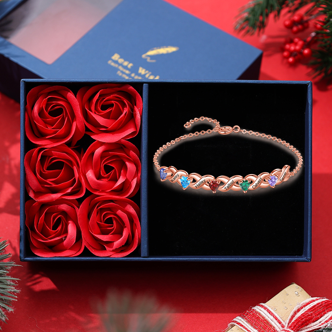 Family Custom Bracelet Heart Personalised with 5 Birthstones Gift Box Set-Jessemade AU