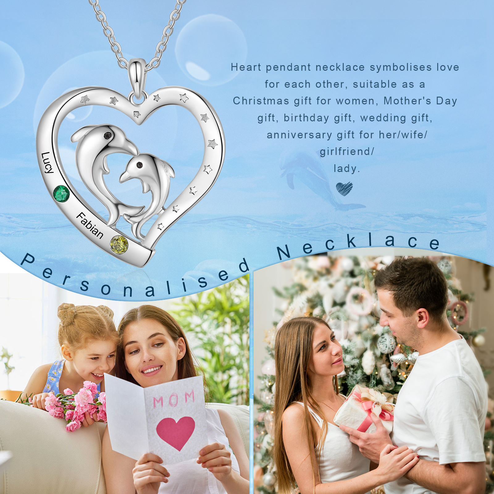Personalised Heart Dolphin Pendant Necklace Custom 2 Birthstones Engraved 2 Names Necklace Gift for Her-Jessemade AU