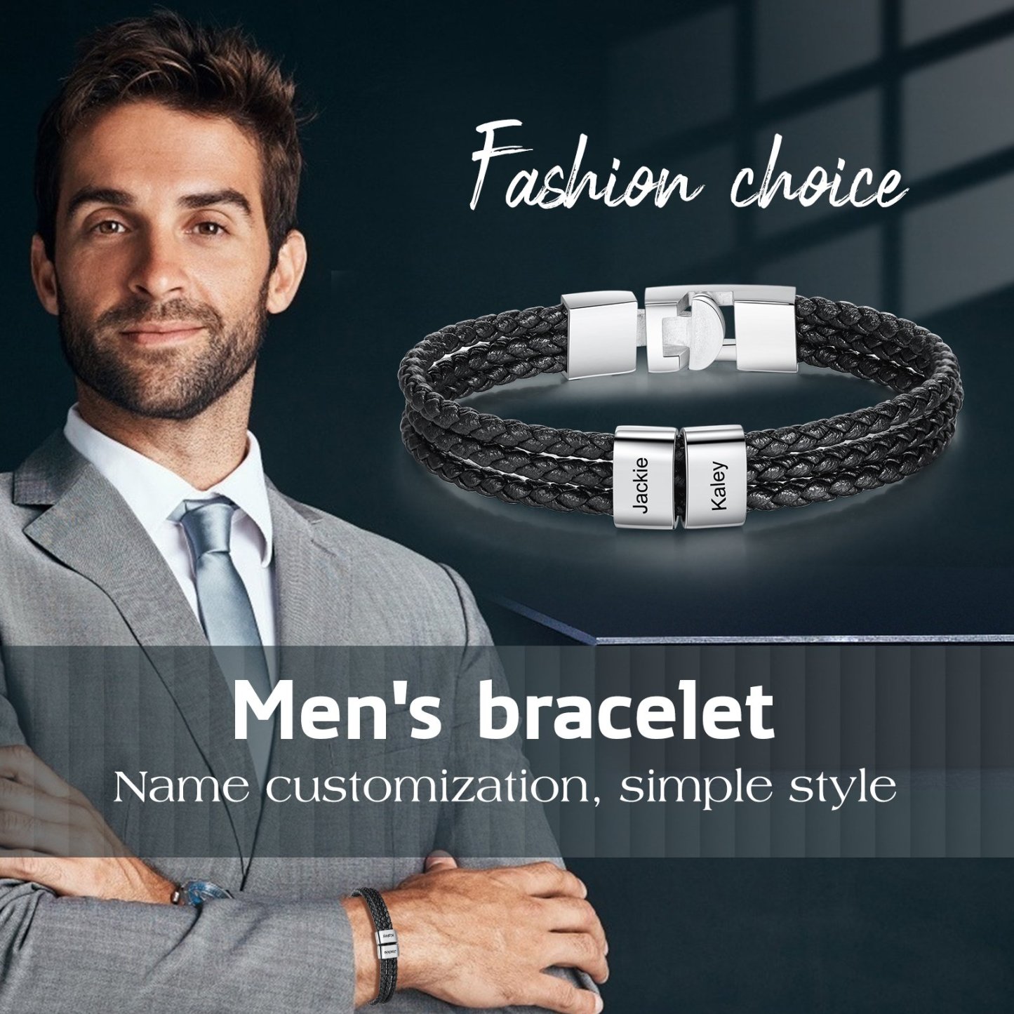 Personalised Braided Leather Bracelet Engraved 2 Names Men's Bracelet Gifts For Him-Jessemade AU