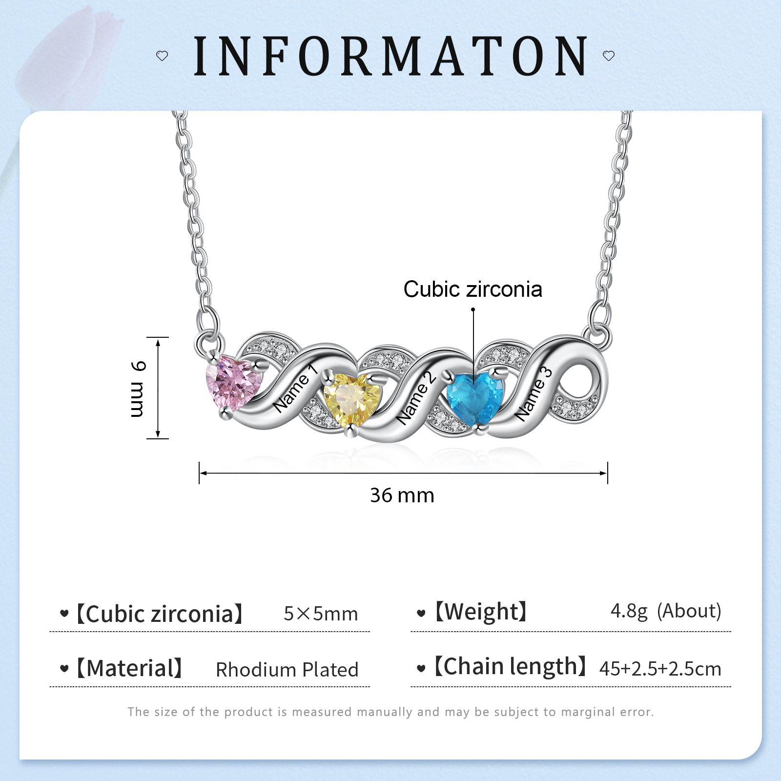Personalised Heart Birthstone Necklace Custom 3 Names Overlap Necklace Gifts for Her-Jessemade AU