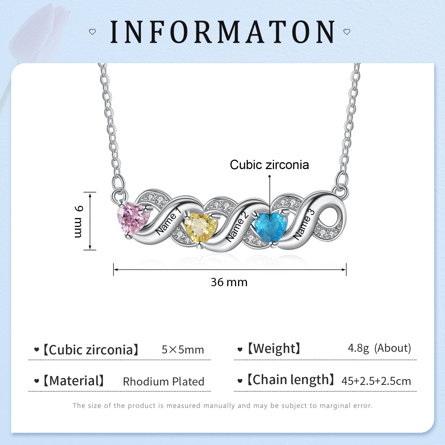 Personalised Heart Birthstone Necklace Custom 3 Names Overlap Necklace Gifts for Her-Jessemade AU