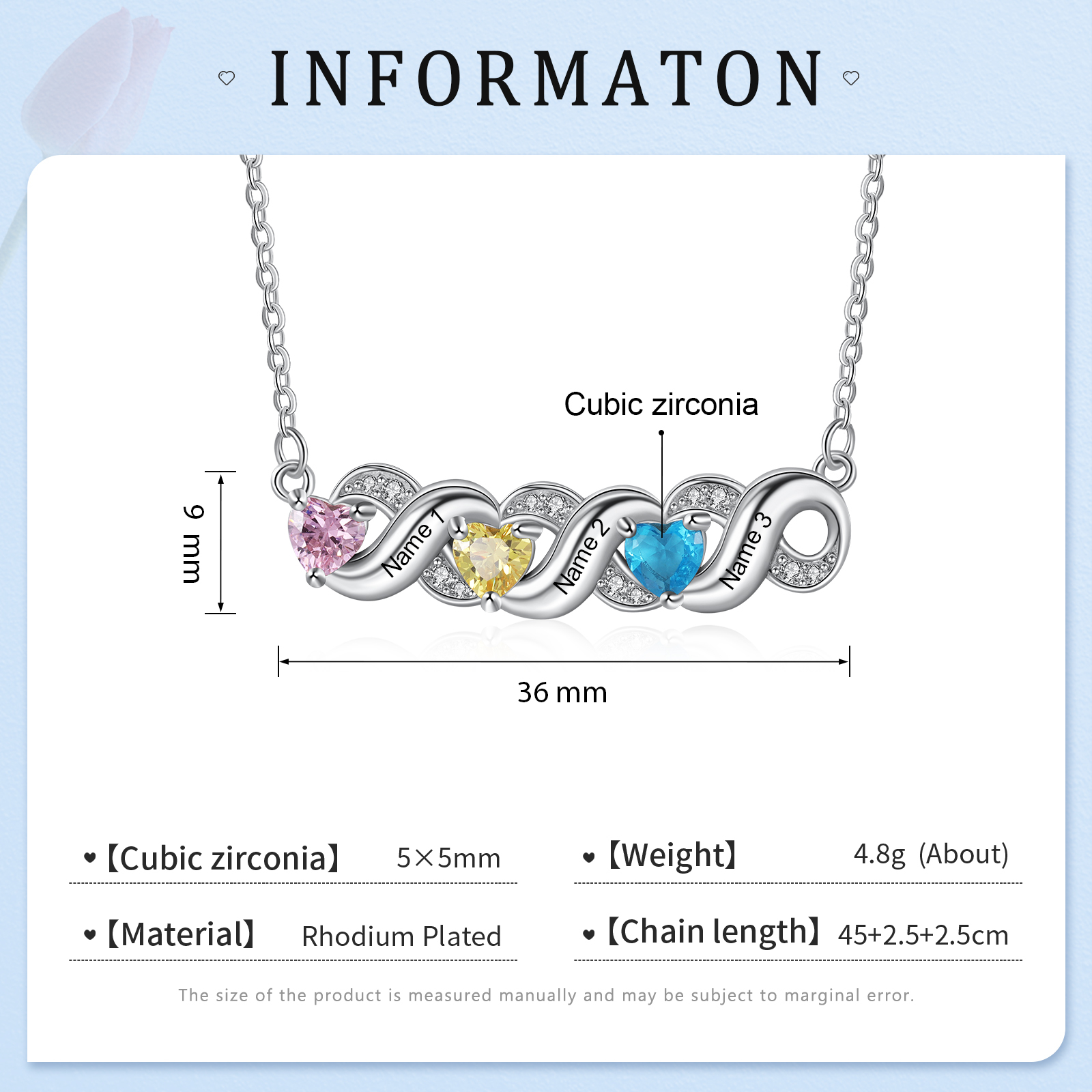 Personalised Heart Birthstone Necklace Custom 3 Names Overlap Necklace Gifts for Her-Jessemade AU
