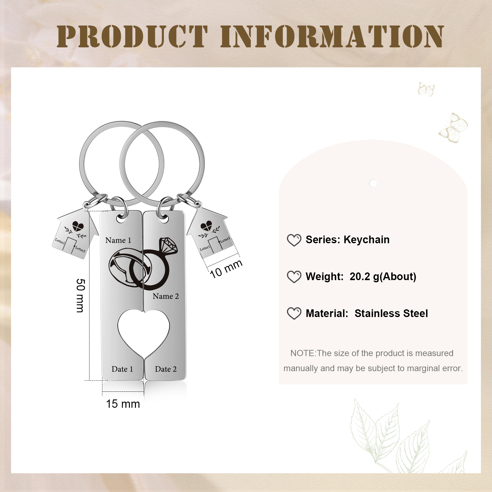 Personalised Couple Keychain Custom 2 Names & Letters & Dates Metal Keyring Matching Keychains Gifts for Couples-Jessemade AU