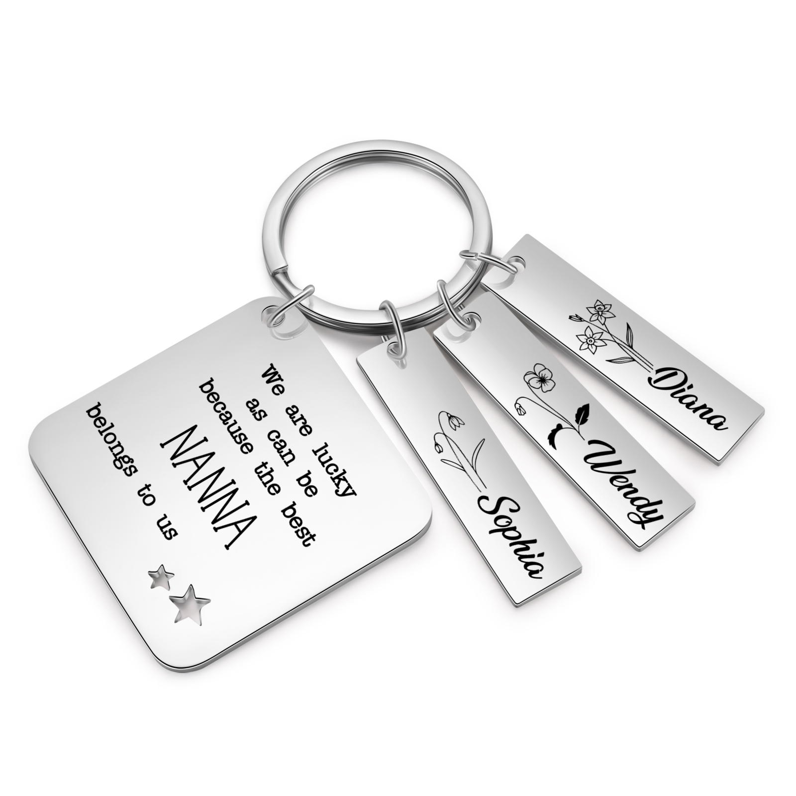 Personalised 3 Names & 3 Birth Flowers Keychain Custom Text Family Keychain Gifts for Mother/Grandma-Jessemade AU