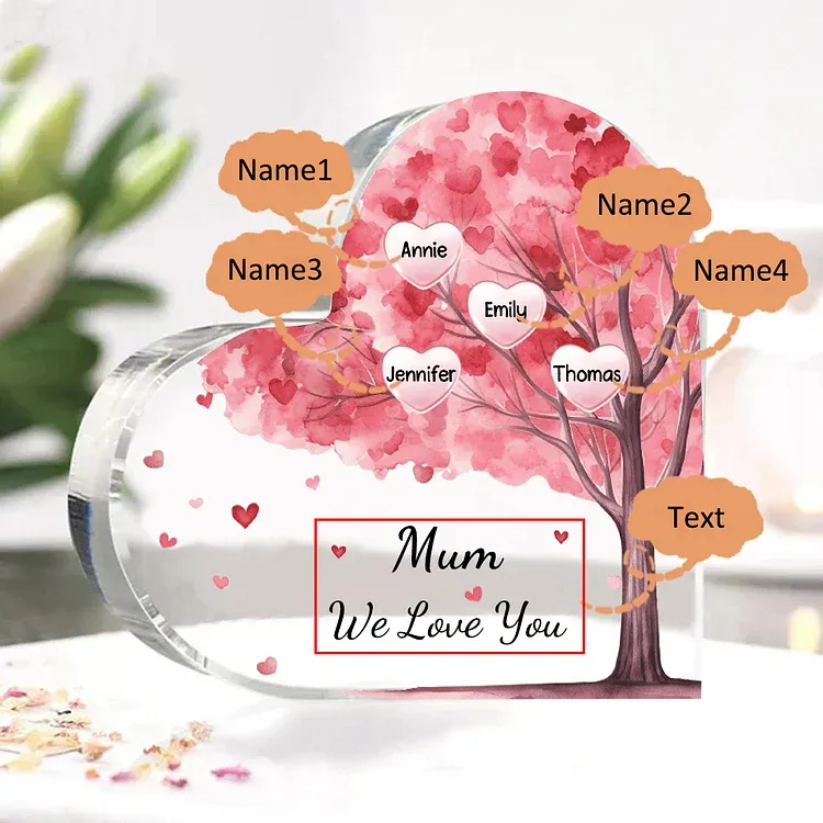 4 Names - Personalised Acrylic Heart Keepsake Custom Text Pink Tree Ornaments Gifts for Grandma/Mother-Jessemade AU