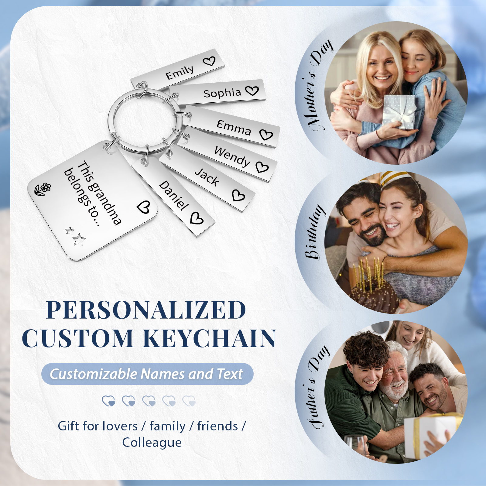 Personalised 6 Names & 1 Text Keychain Custom Family Keychain Gifts for Father/Mother/Grandma/Grandpa-Jessemade AU