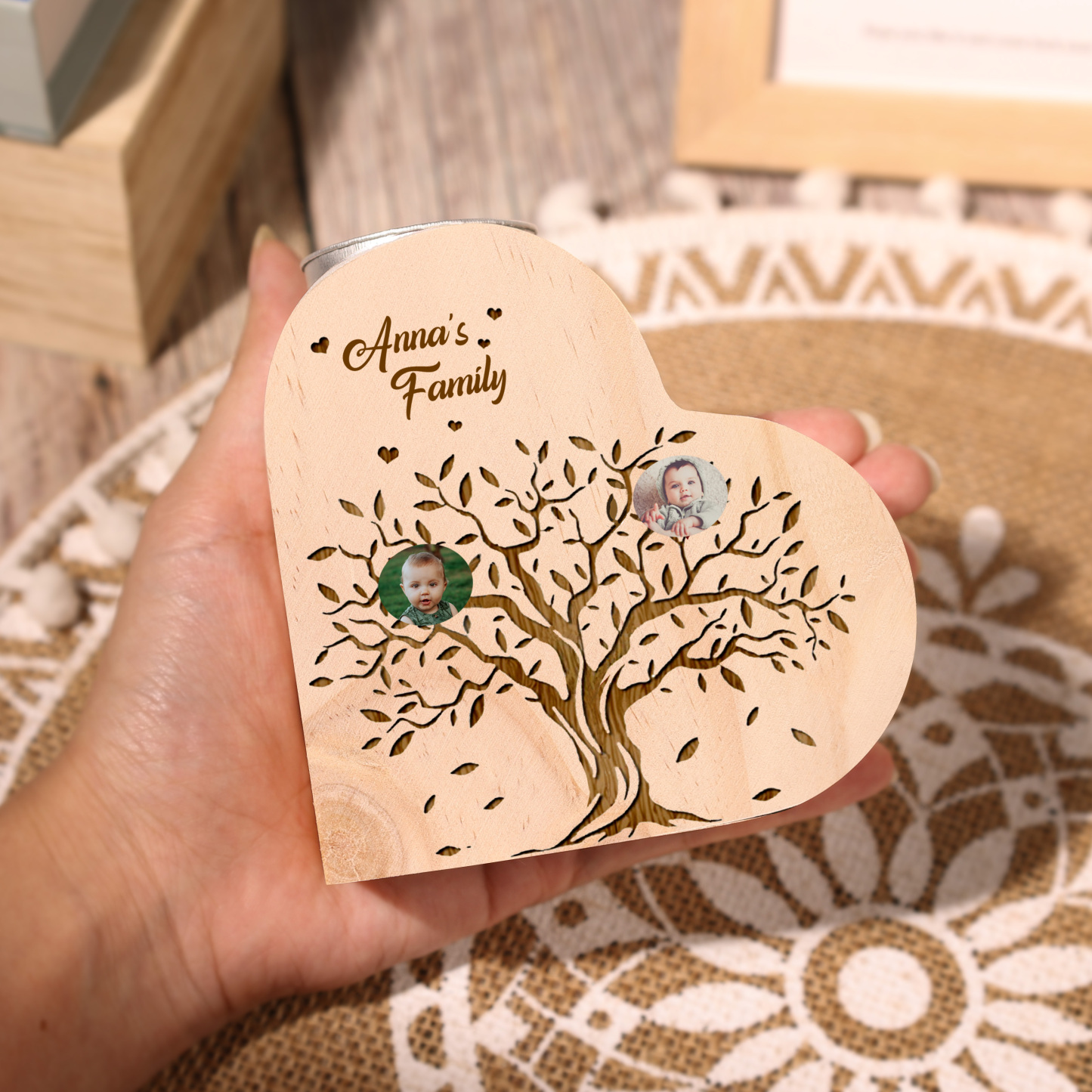 Family Photo Wooden Heart Candle Holder Custom 2 Photos Family Tree Candlesticks-Jessemade AU