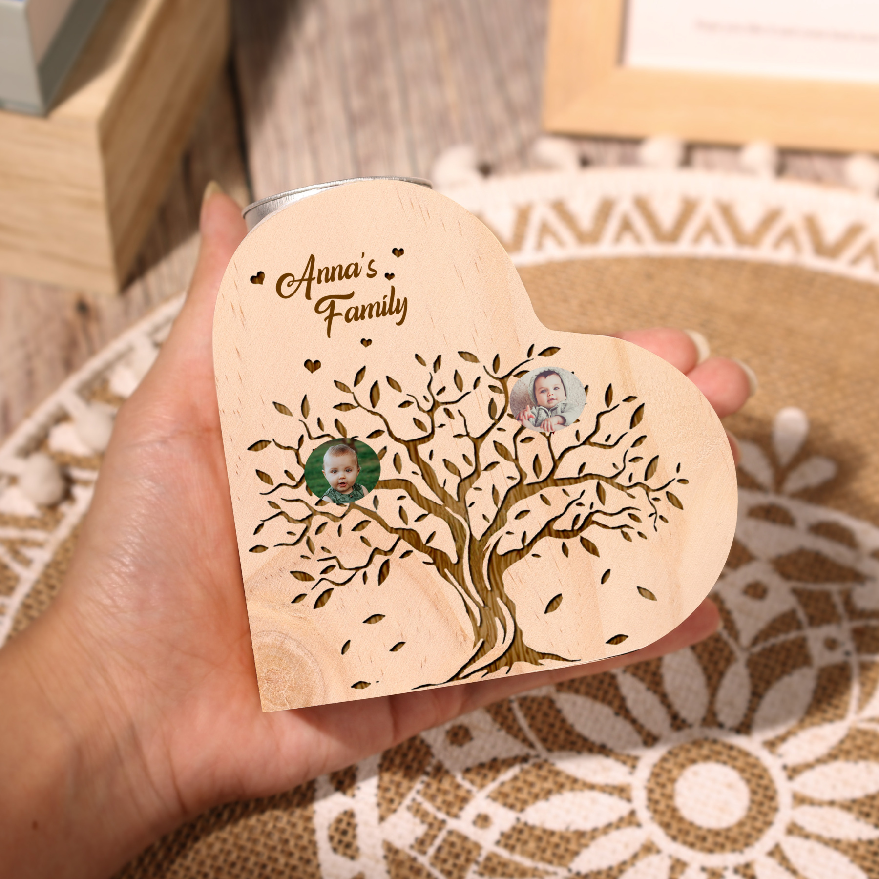 Family Photo Wooden Heart Candle Holder Custom 2 Photos Family Tree Candlesticks-Jessemade AU