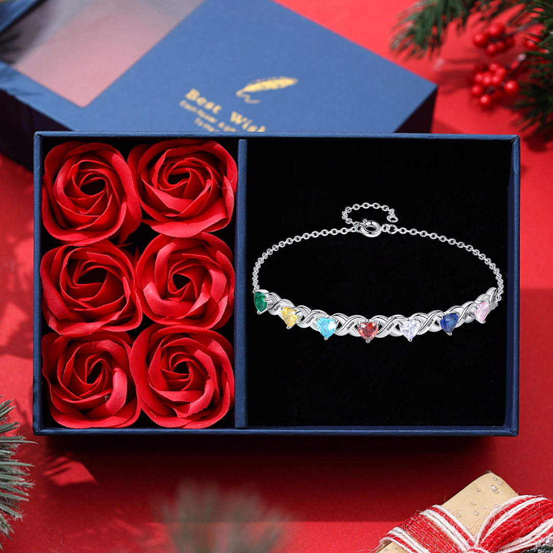 Family Custom Bracelet Heart Personalised with 7 Birthstones Gift Box Set-Jessemade AU