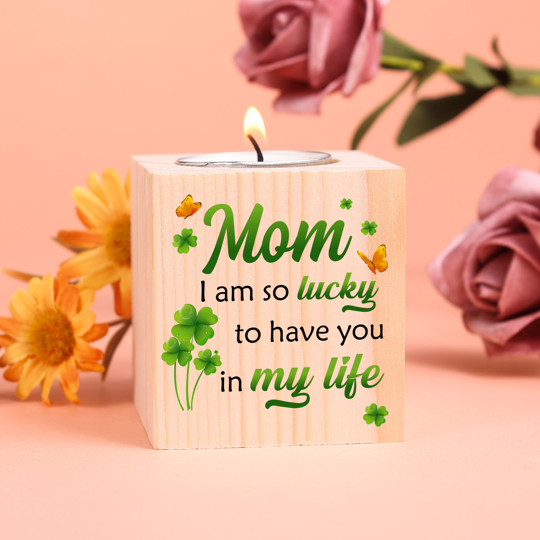 Block Candle Holder I Am So Lucky To Have You In My Life Wooden Candlesticks for Mother-Jessemade AU