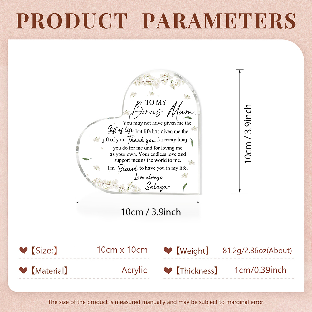 To My Bonus Mum/Mom Acrylic Heart Keepsake Custom Name Ornament - I'm Blessed To Have You In My Life-Jessemade AU