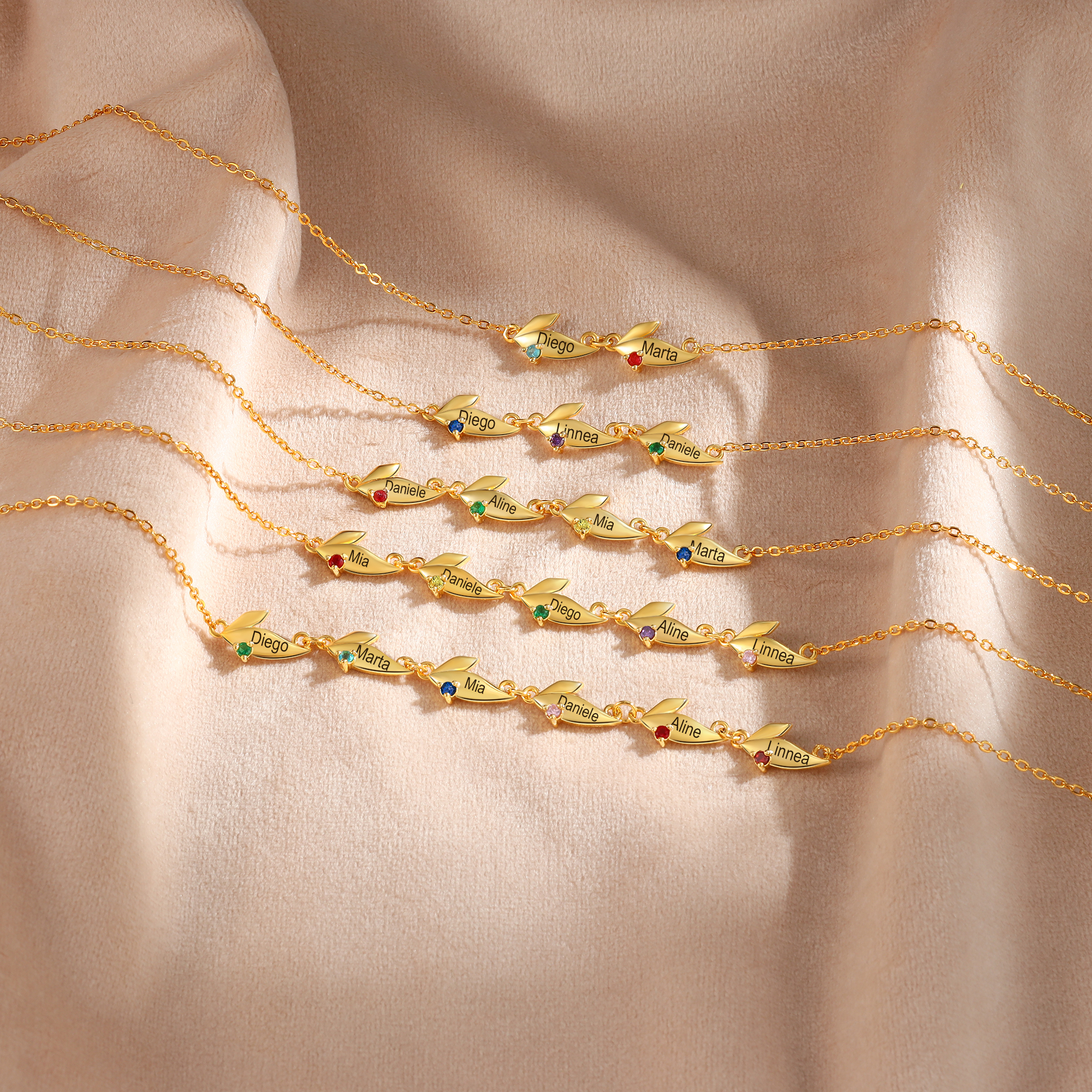 Personalised Leaves Pendant Necklace Custom 2 Names & 2 Birthstones Necklace Gifts for Her-Jessemade AU