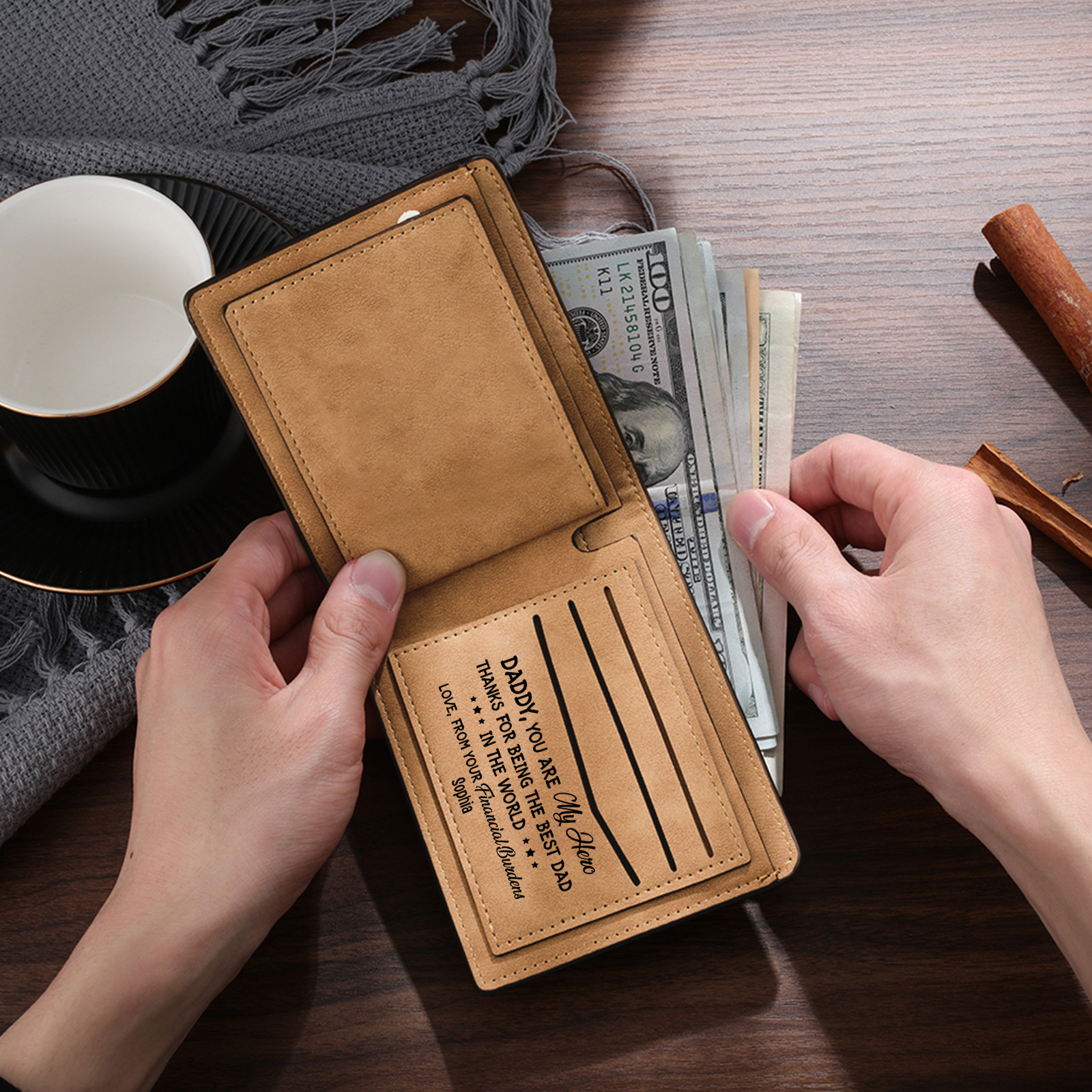 Best Dad Ever - Custom 2 Names & 1 Text Billfold Wallet Personalised Fist Bump Men's Leather Wallet