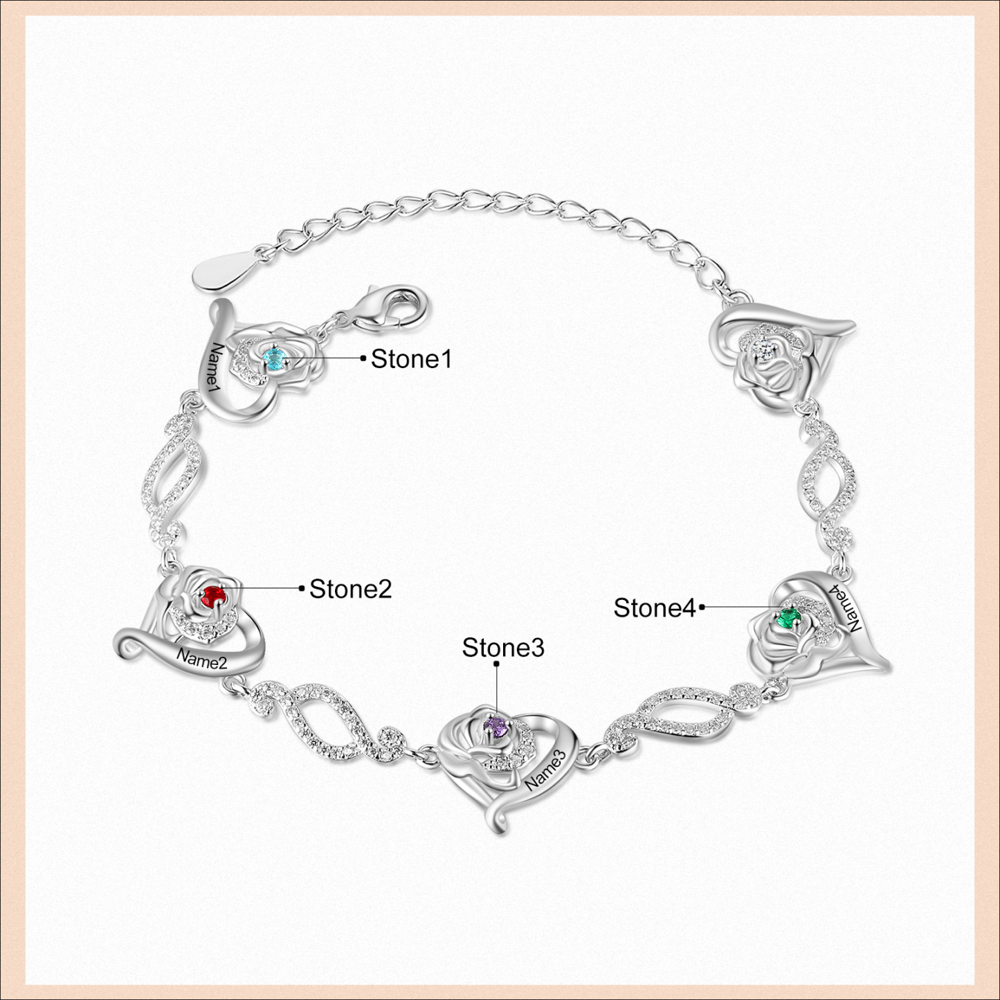 Flowers Bracelet Personalised 4 Birthstones Bracelet Engraved Names Flowers Charm Gifts For Her-Jessemade AU