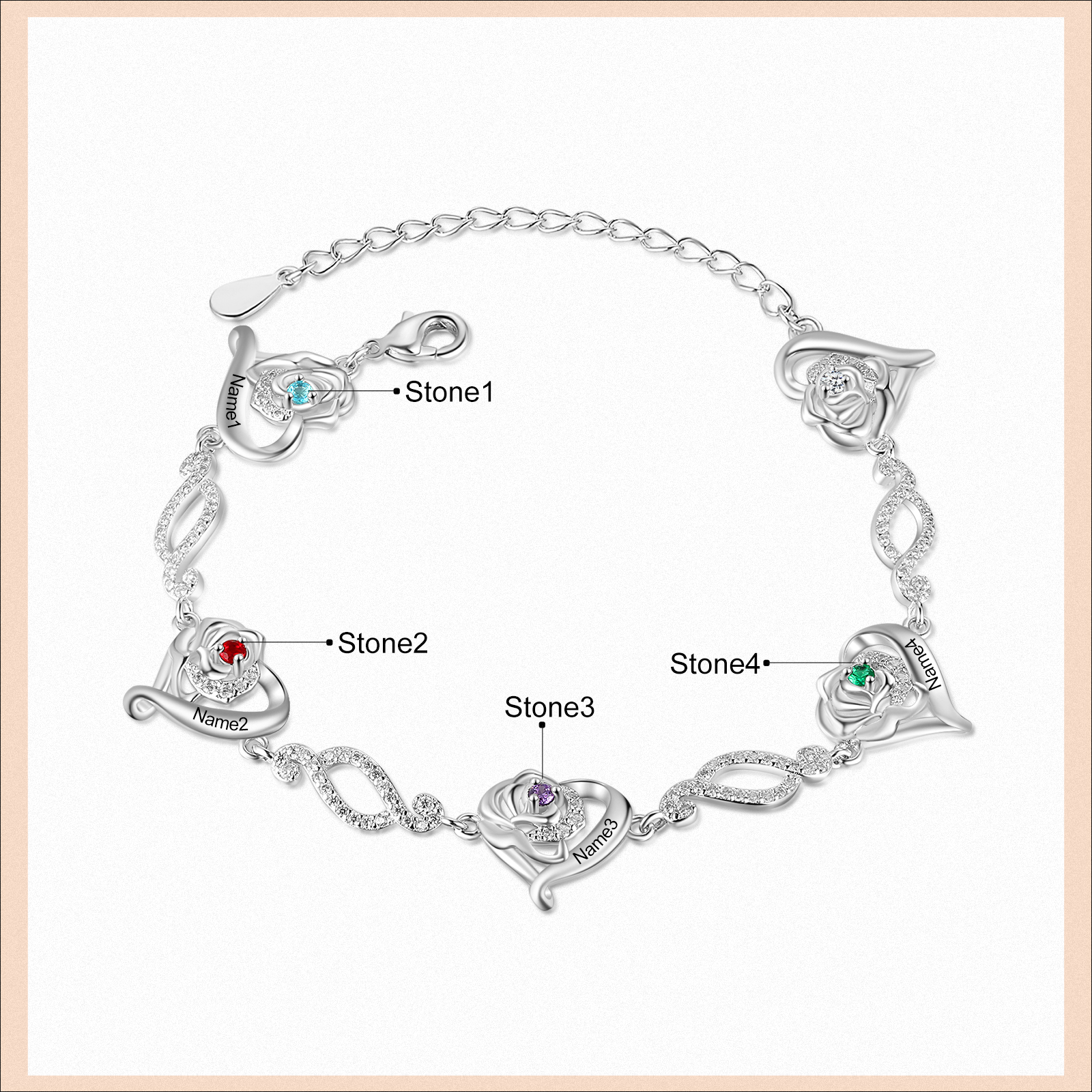 Flowers Bracelet Personalised 4 Birthstones Bracelet Engraved Names Flowers Charm Gifts For Her-Jessemade AU