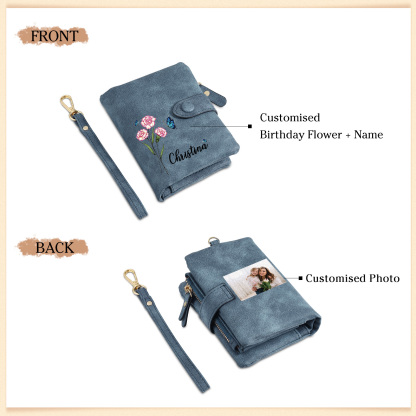 Personalised Women's Leather Wallet Custom Birthday Flower & Name & Photo Wallet Gift for Her