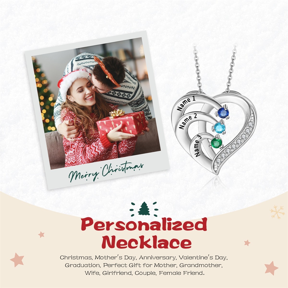 Personalised Mother Necklace Engraved 3 Names 3 Birthstone Intertwined Heart Pendant