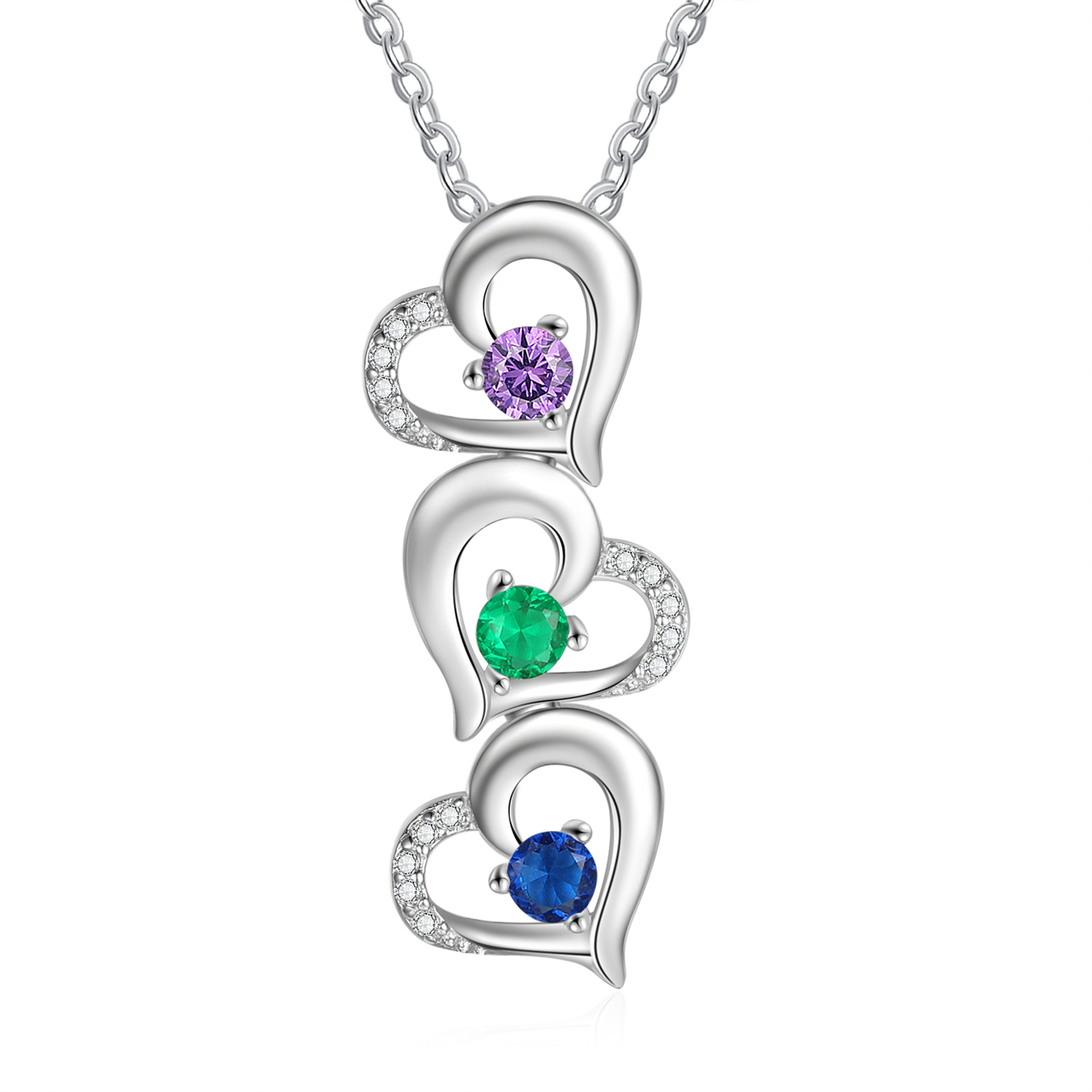 Personalised Heart Necklace With 3 Birthstones Engraved Names Gift For Her-Jessemade AU