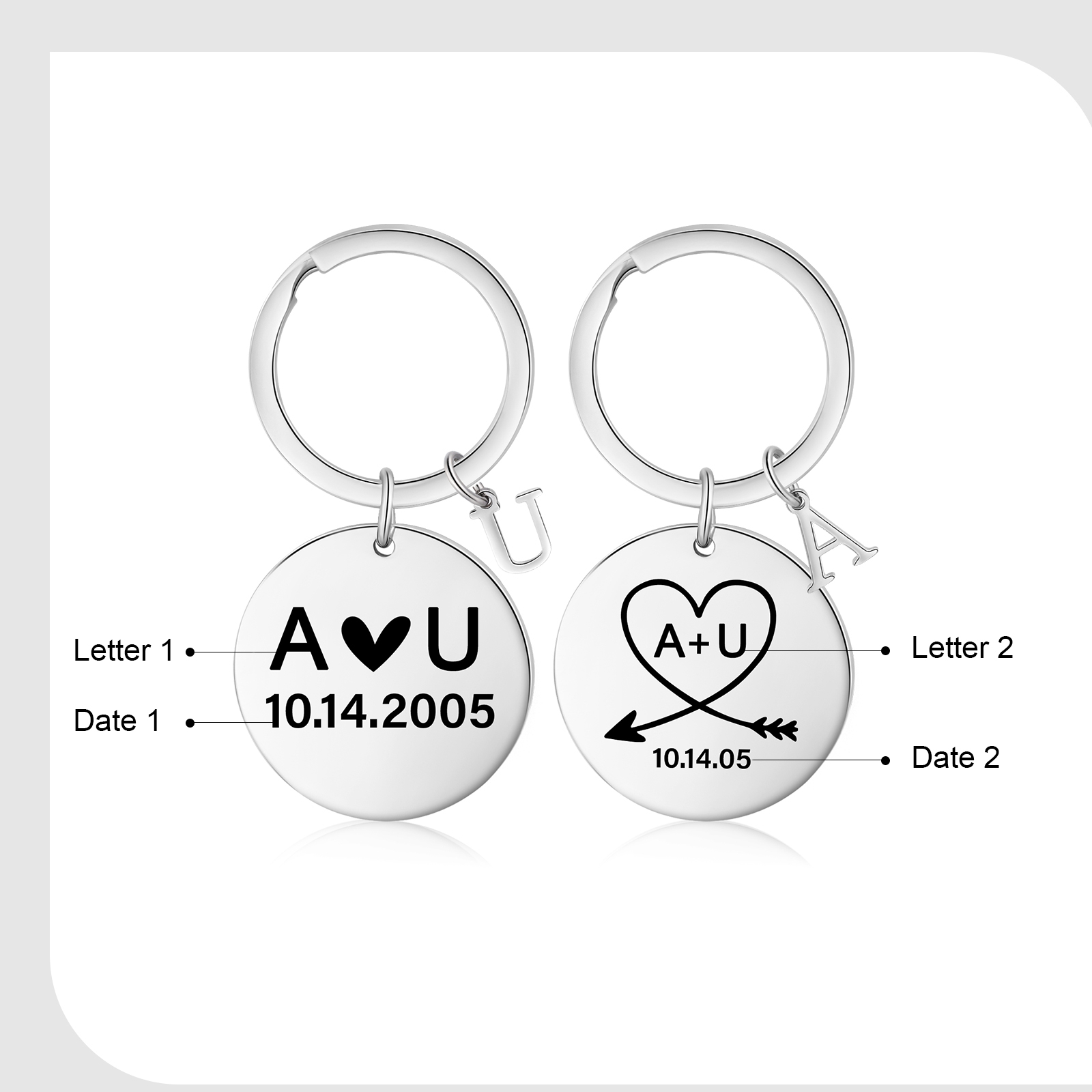 2 PCS Couple Keychains Custom 2 Letters and 2 Dates Keyring Valentine's Day Matching Couple Gift for Him/Her-Jessemade AU