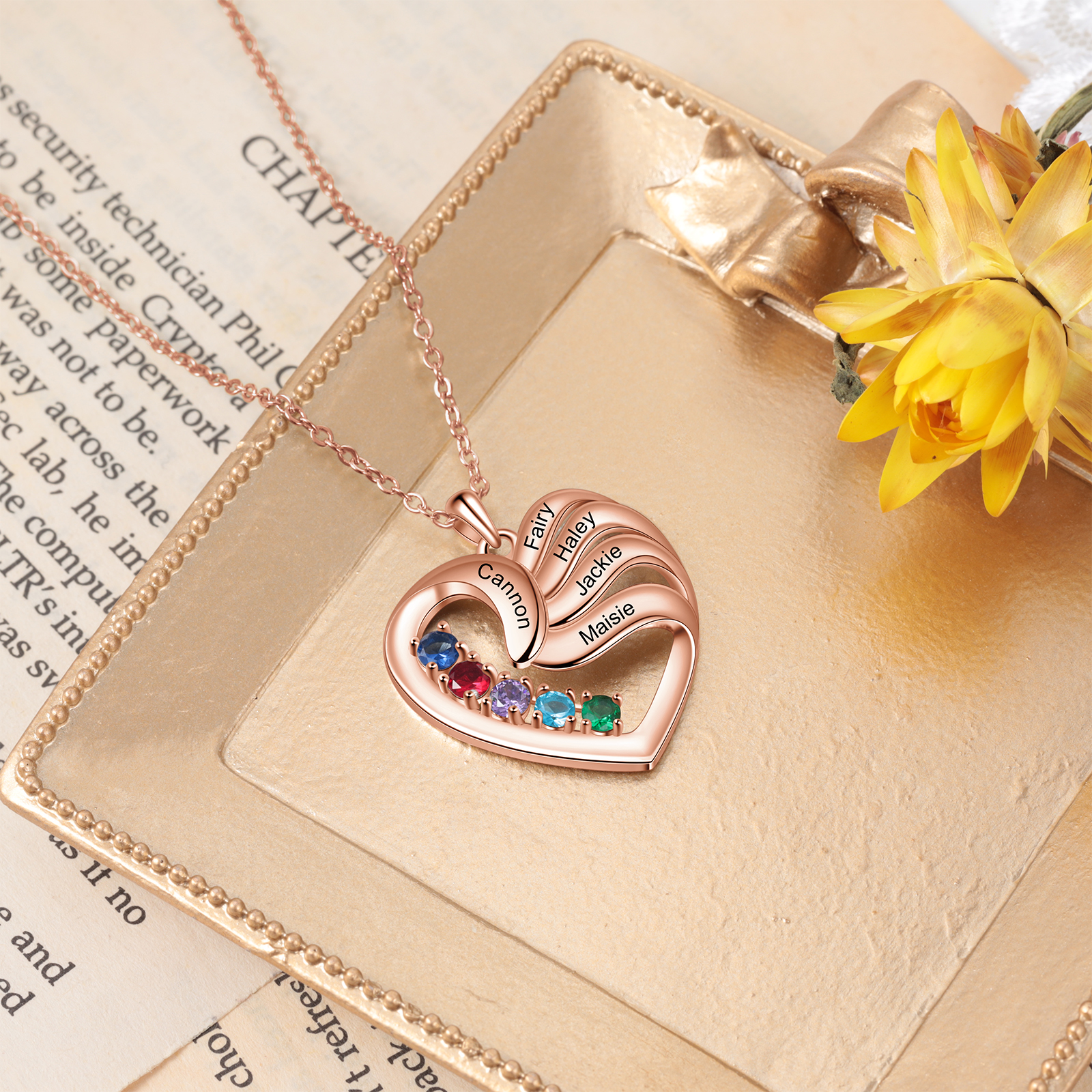Personalised Heart Necklace With 5 Birthstones Engraved Names Family Necklace Gifts for Her-Jessemade AU