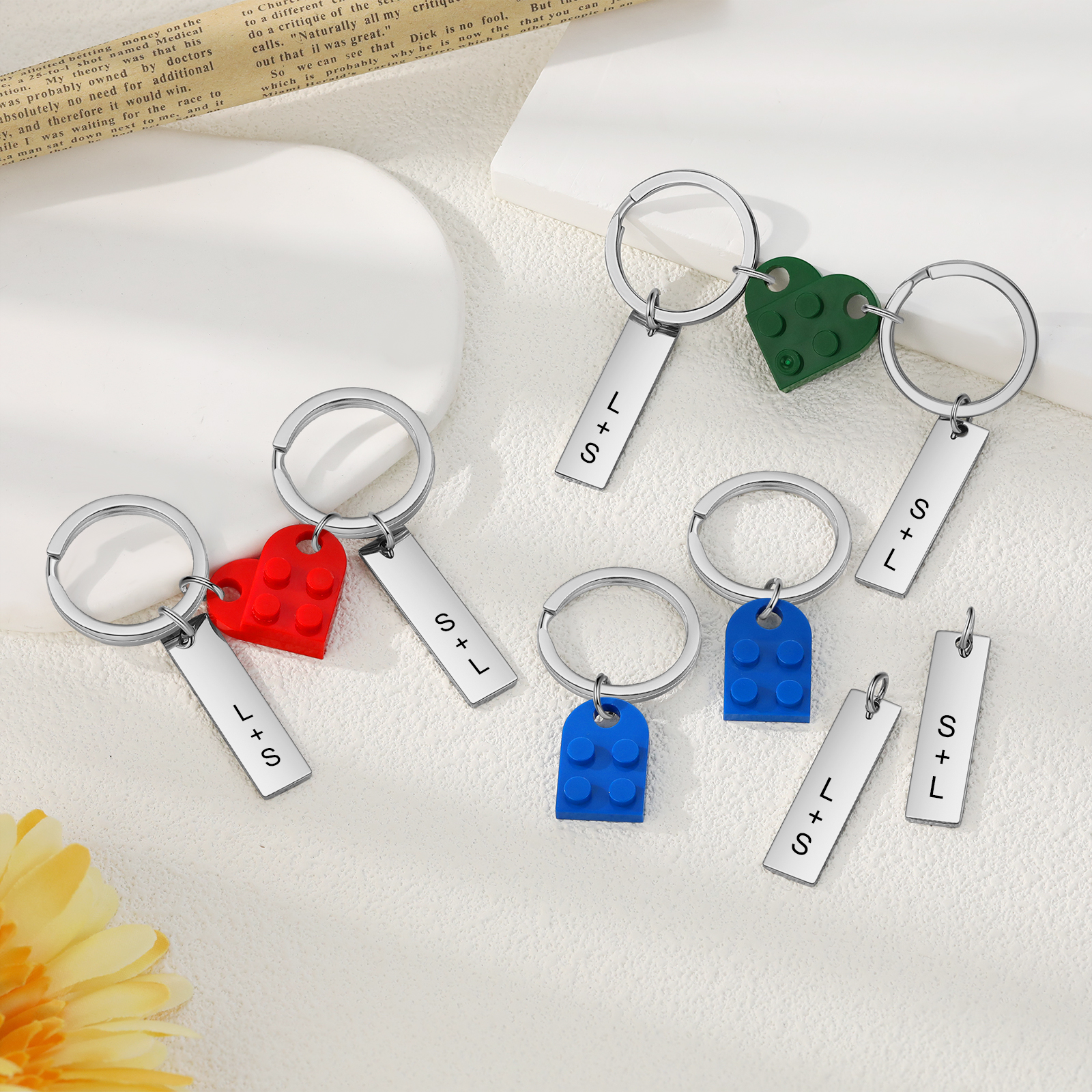 Brick Heart Keyring Set Custom 2 Letters Matching Couple Keychain Valentine's Day Gifts For Couples/Friends-Jessemade AU