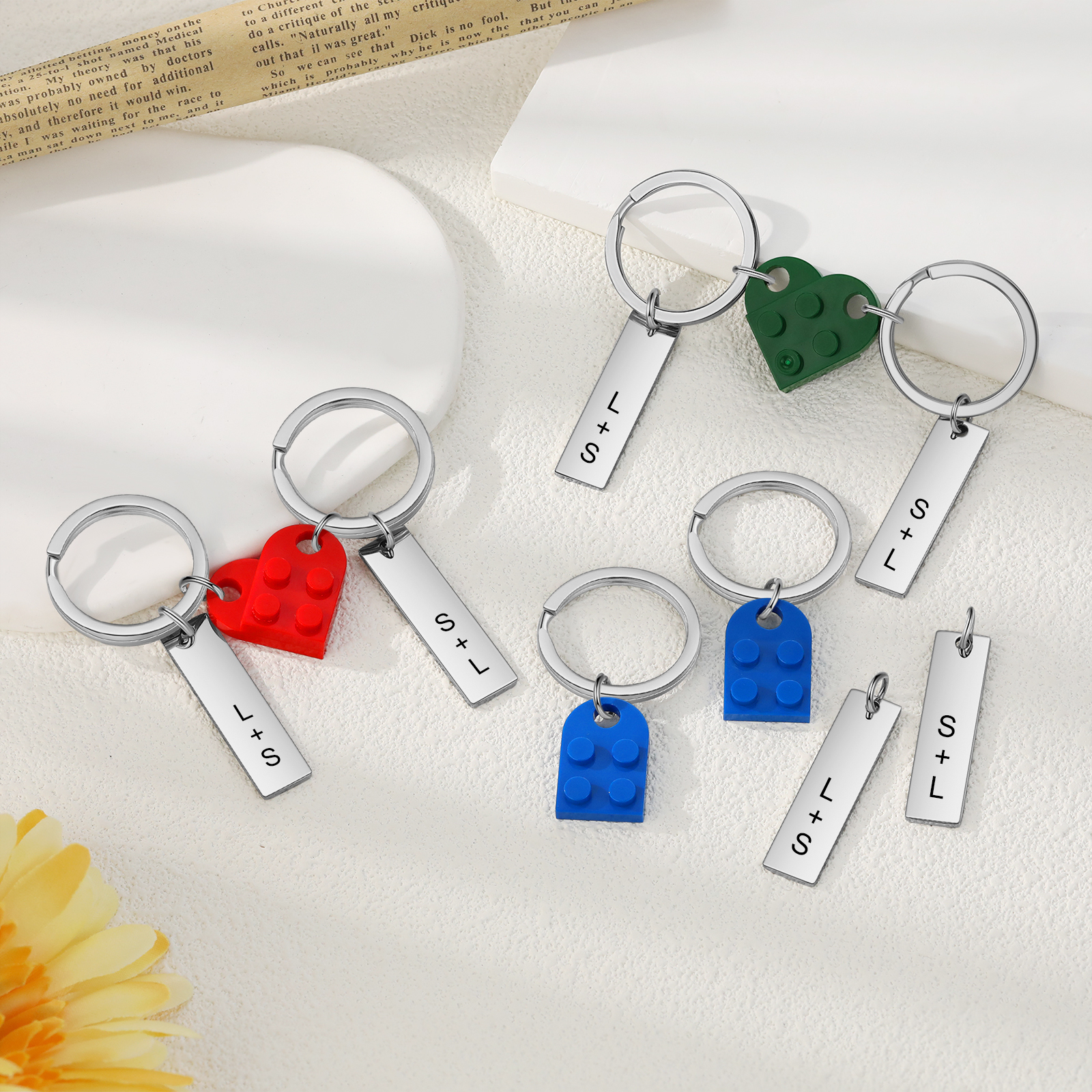 Brick Heart Keyring Set Custom 2 Letters Matching Couple Keychain Valentine's Day Gifts For Couples/Friends-Jessemade AU