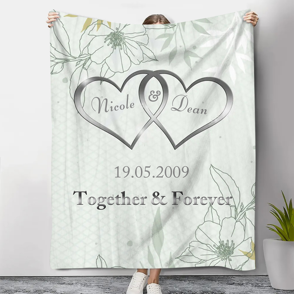 Green Personalised Couple Blanket Customised 2 Names & Date & Text Blanket Heart Valentine's Day Gifts for Him/Her-Jessemade AU
