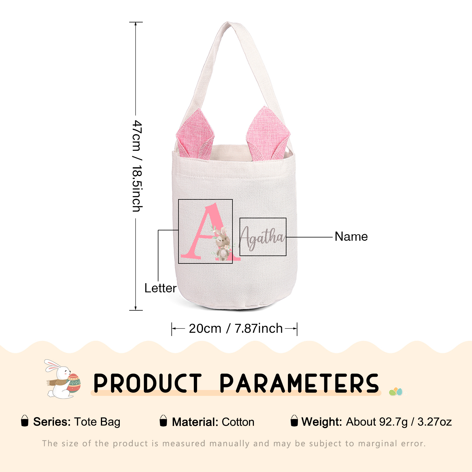 Personalised Bunny Tote Bag Custom Name & Letter Bunny Bucket Bag Easter Gifts for Kids-Jessemade AU