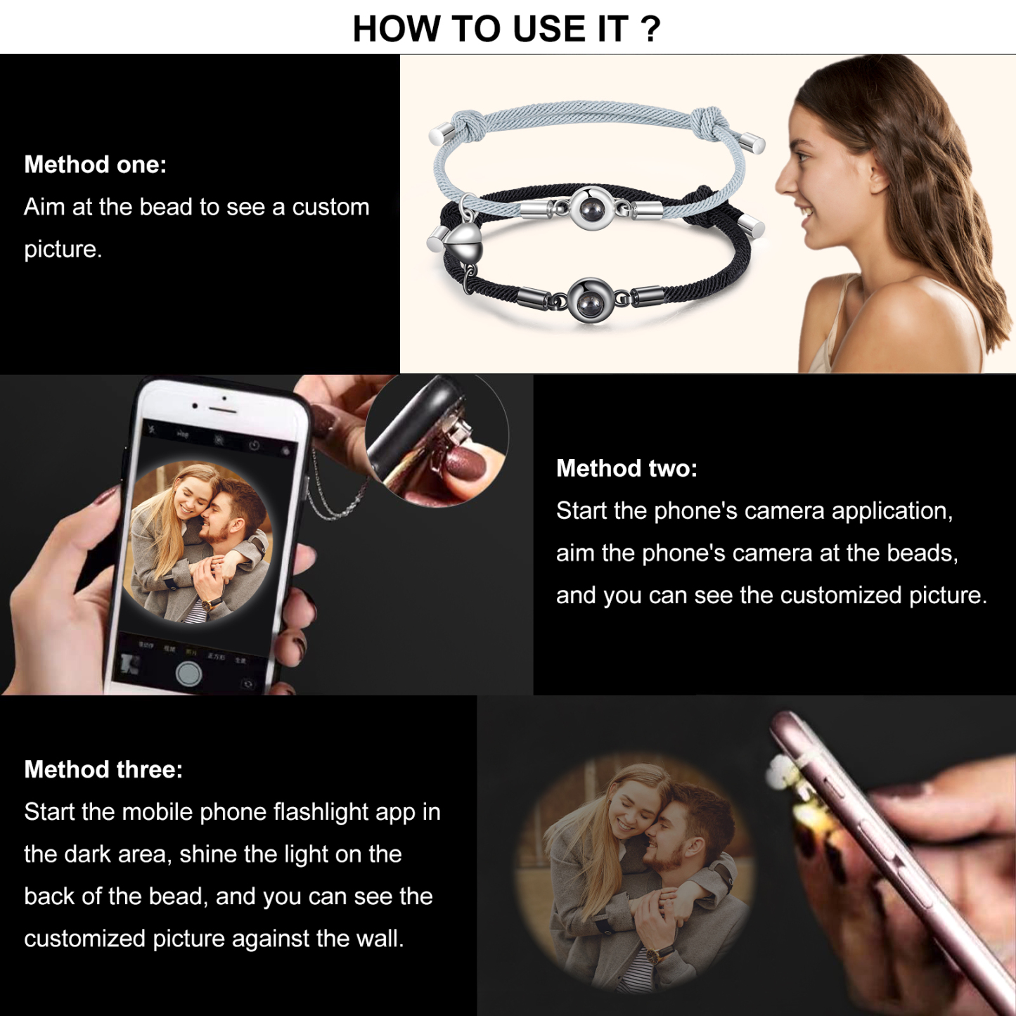 2 PCS Personalised Couple Projection Bracelet Customised 1 Photo Bracelet Adjustable Bracelet Romantic Gift For Her/Him-Jessemade AU