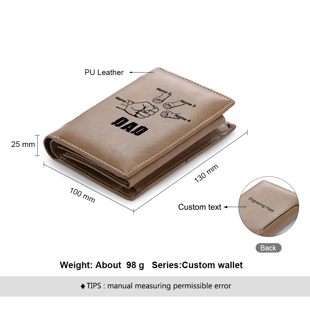 4 Names - Personalised Men Leather Wallet Custom Text & Name Folding Wallet Fist Bump Wallet Gift for Dad-Jessemade AU