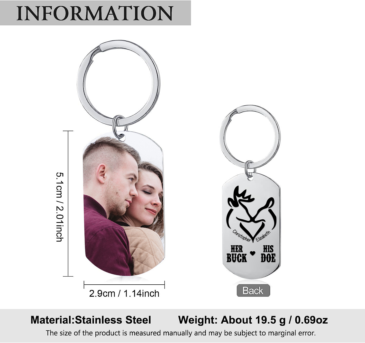 Personalised Couple Photo Keychain Custom 2 Names Keyring “Her Buck His Doe” Valentine's Day Gift For Couples-Jessemade AU