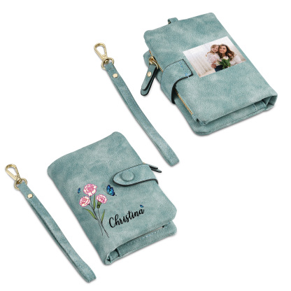 Personalised Women's Leather Wallet Custom Birthday Flower & Name & Photo Wallet Gift for Her