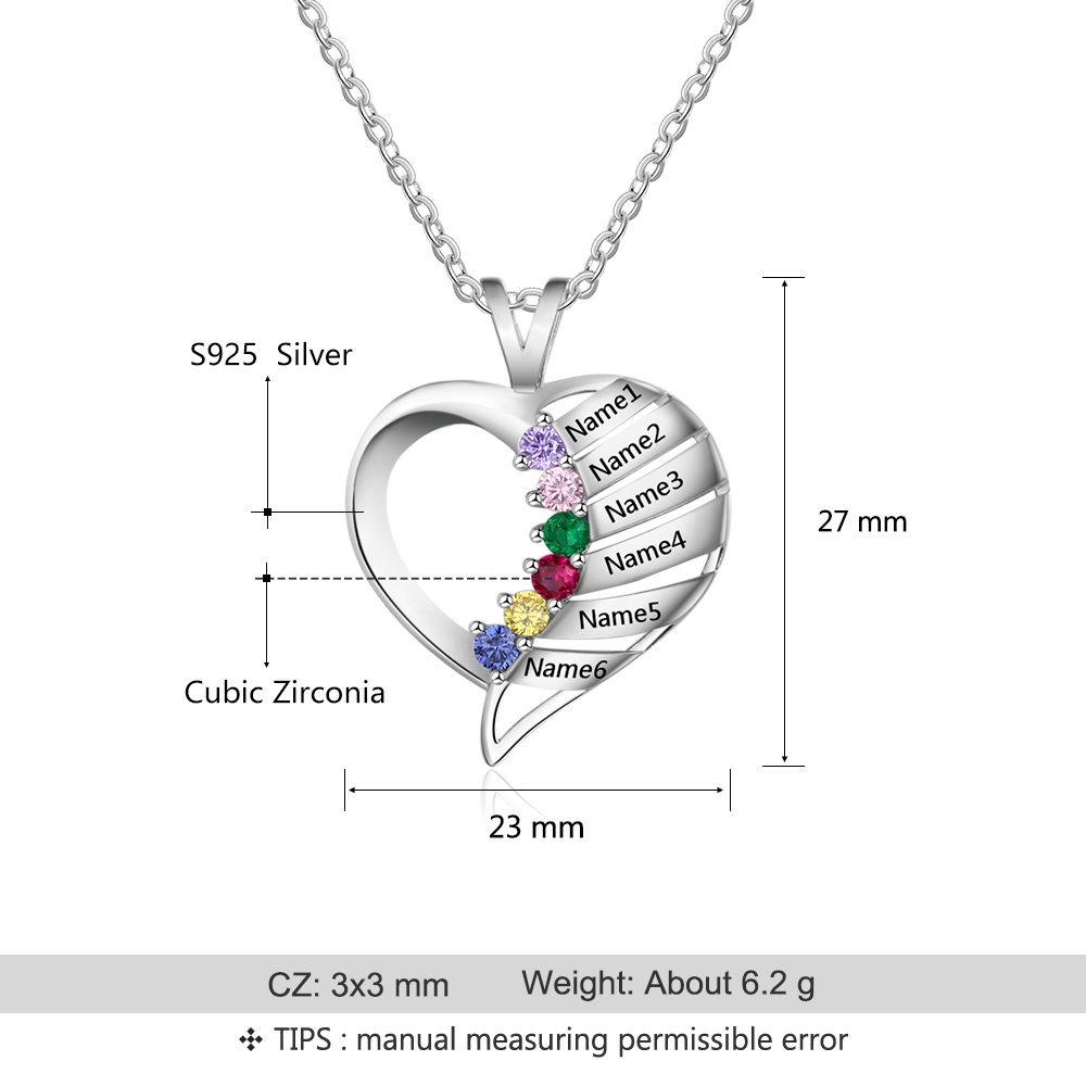 Personalised Heart Necklace With 6 Birthstones Engraved Names Gift For Her-Jessemade AU