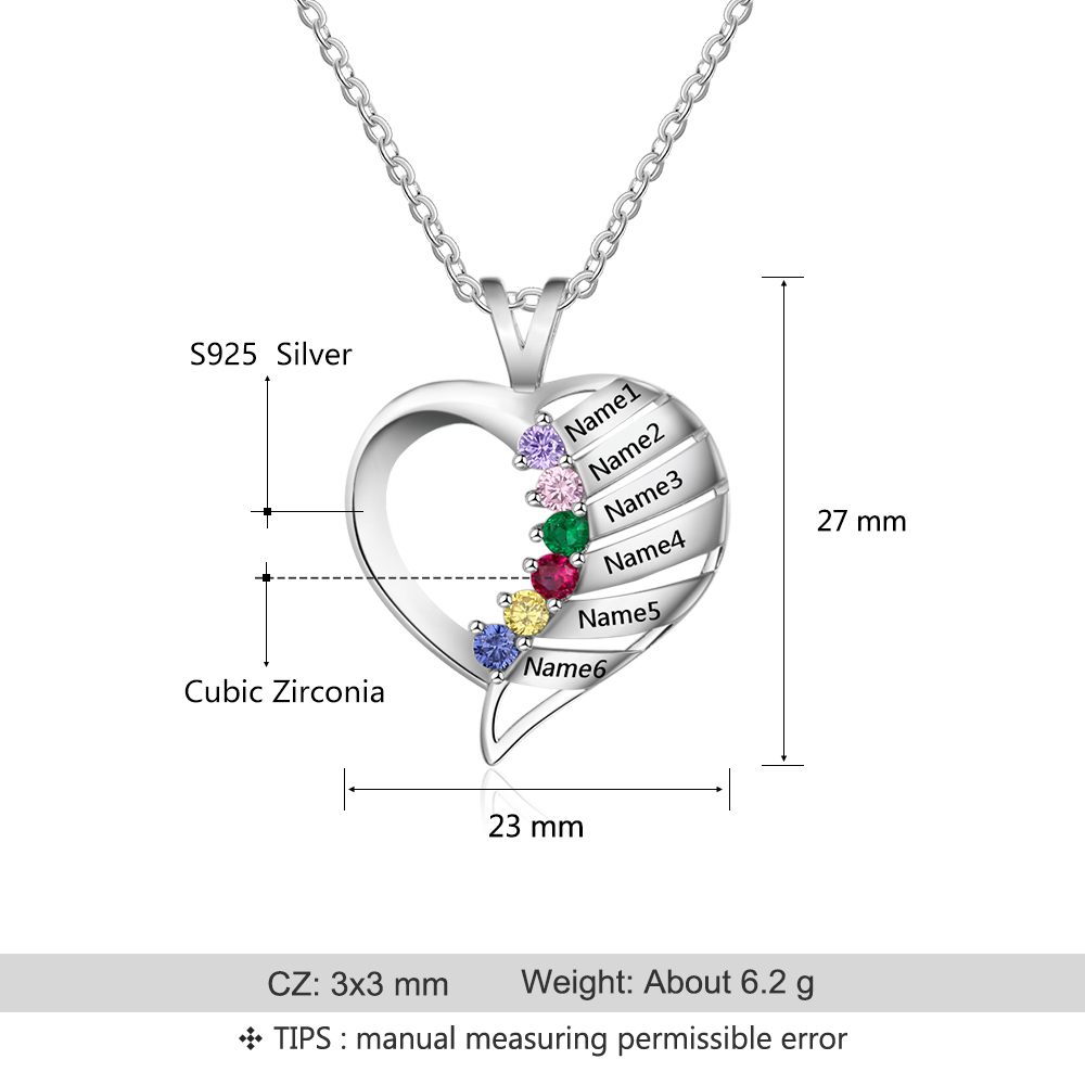 Personalised Heart Necklace With 6 Birthstones Engraved Names Gift For Her-Jessemade AU