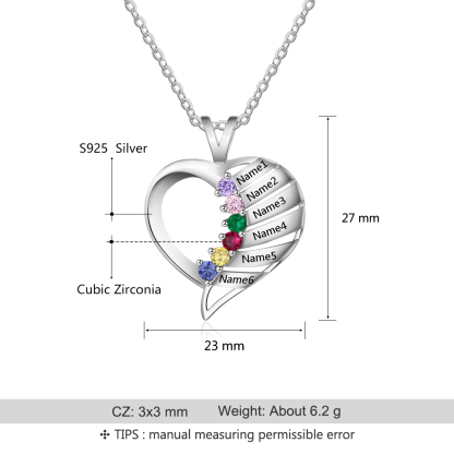 Personalised Heart Necklace With 6 Birthstones Engraved Names Gift For Her-Jessemade AU