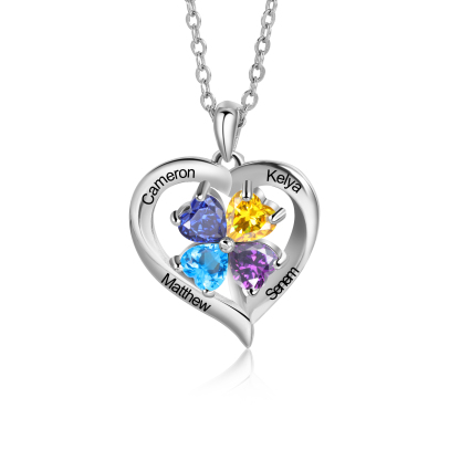 Personalised Heart Necklace with 4 Birthstones Engrave Names Family Necklace for Mom-Jessemade AU