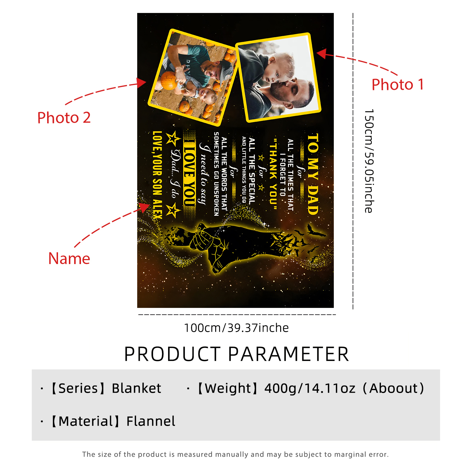 Personalized Fleece Blanket Custom 2 Photos and 1 Name Father's Day Gift for Dad-Jessemade AU