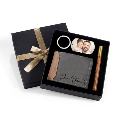 Personalised 2 Texts & 2 Photos Gift Set Wallet & Keychain & Pen Gift Box Set Father’s Day Gift for Him-Jessemade AU
