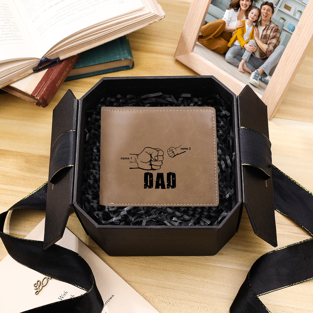 Personalised Leather Mens Wallet Engraved 2 Names Fist Bump Folding Wallet Father's Day Gifts-Jessemade AU