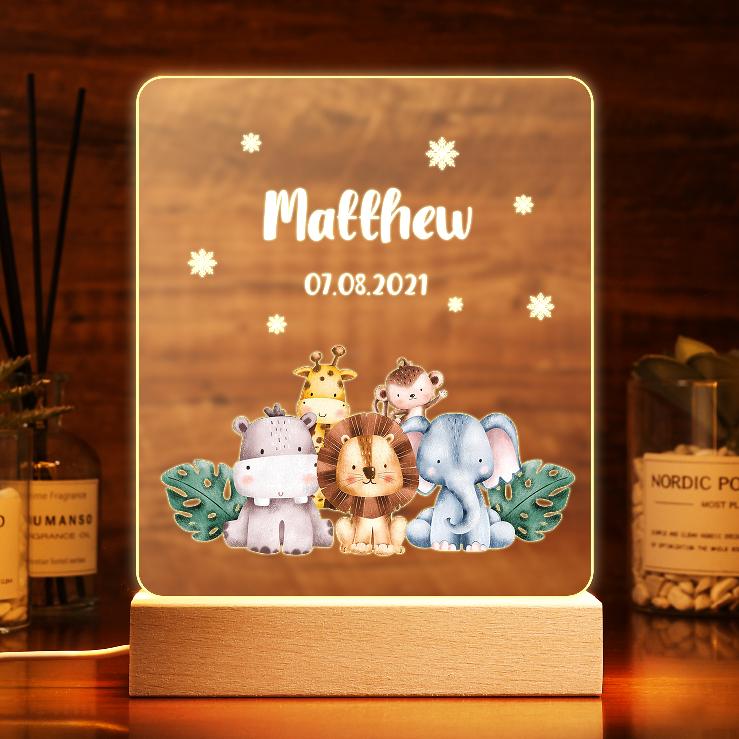 Personalised Name Night Light Animal Zoo Wood LED Night Light Custom Date Nursery Birthday Gifts For Children-Jessemade AU