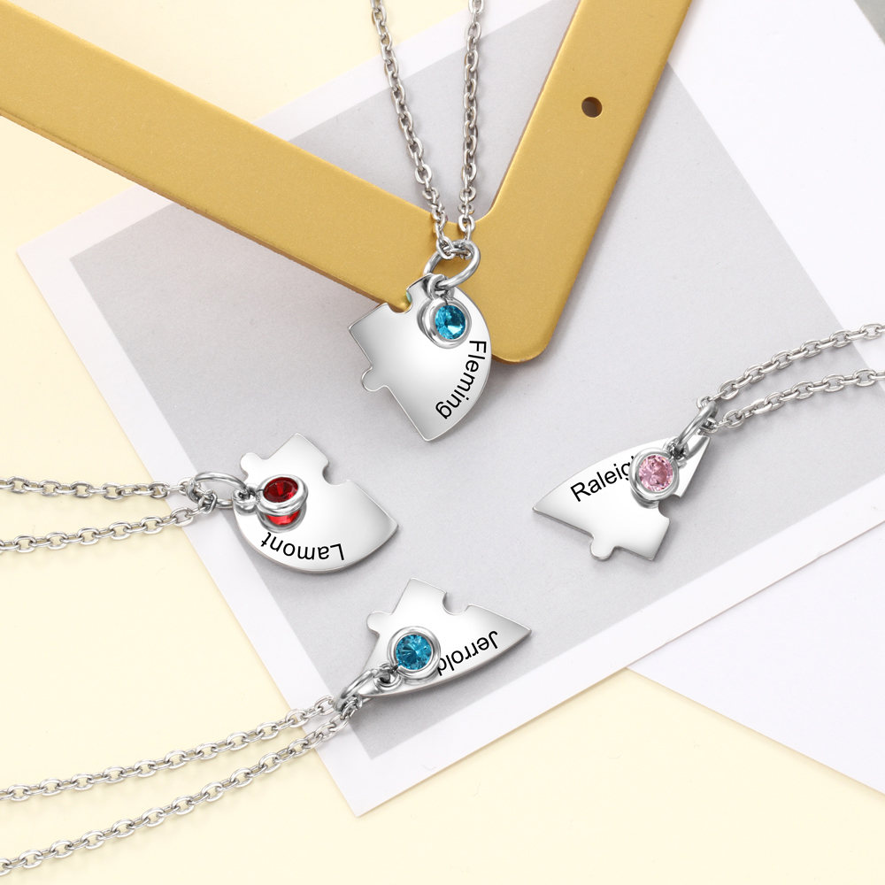 Personalised Puzzle Necklace With Birthstone Custom 4 Names Gifts For Mom BBF Friendship Style-Jessemade AU